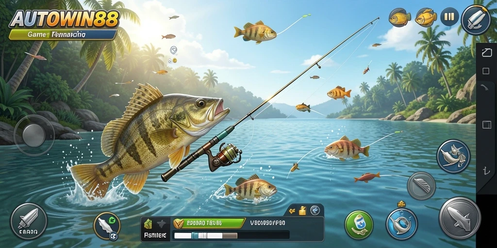 Screenshot gameplay AUTOWIN88 menampilkan penggunanya sedang memancing di pantai yang indah.
