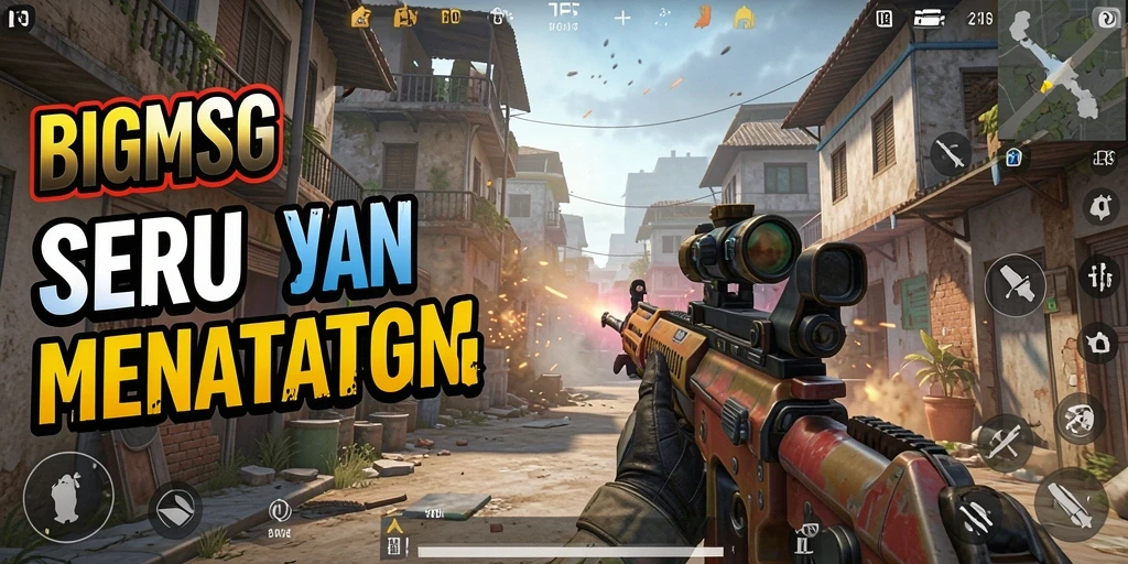 Screenshot utama BIGMSG menampilkan aksi menembak intens dalam gameplay FPS.