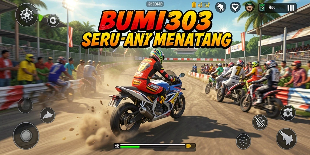 Gameplay mendebarkan BUMI303 dengan motor balap berkecepatan tinggi.