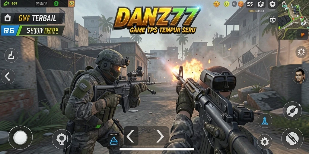 Screenshot utama DAN777 menampilkan aksi pertempuran yang mendebarkan dalam game TPS.