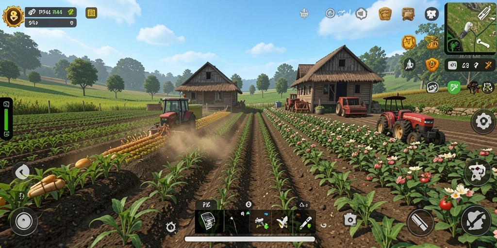 Screenshot gameplay PP444 menampilkan pertanian yang indah dan beragam tanaman.