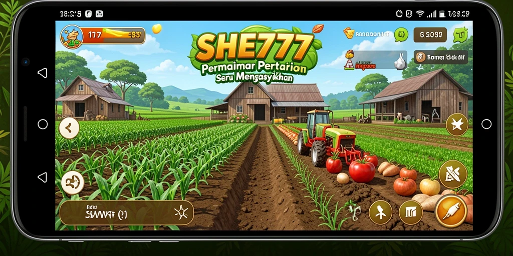 Screenshot gameplay SHE777 menampilkan ladang yang subur dan hewan ternak.