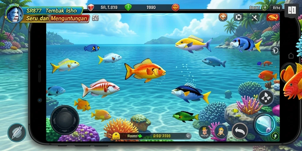 Screenshot utama SR877 menunjukkan serunya gameplay Tembak Ikan.
