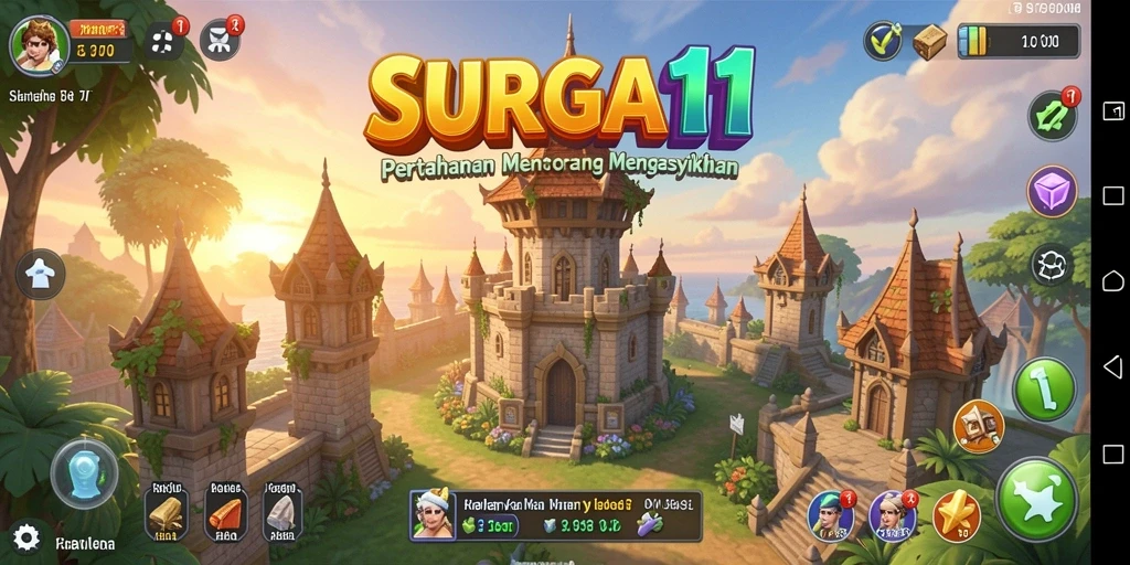 Tangkapan layar gameplay <strong>SURGA11</strong> dengan menara pertahanan yang aktif melawan musuh.